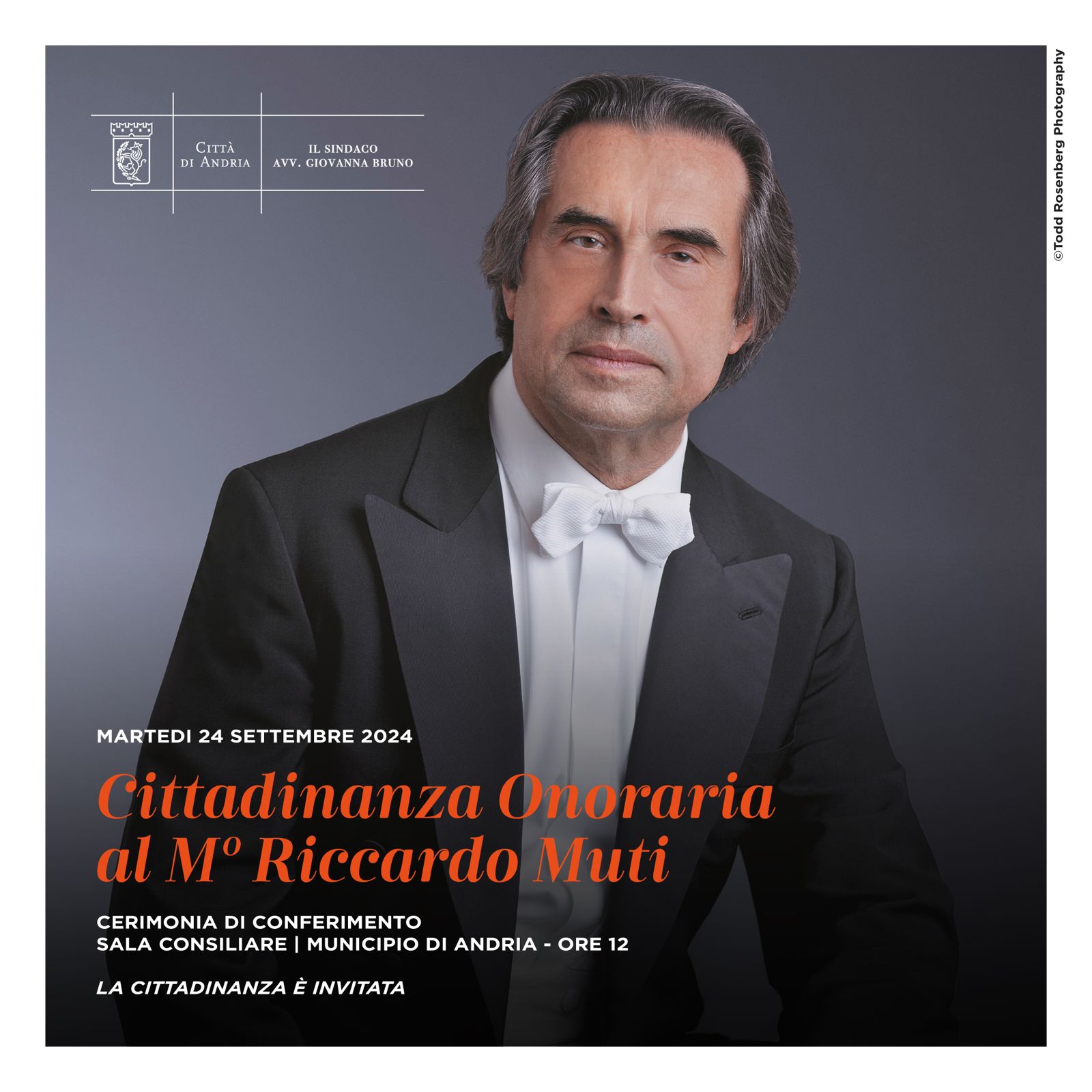 Cittadinanza Onoraria ed Omaggio alla Musica. Il Maestro Riccardo Muti ad Andria martedì 24 settembre