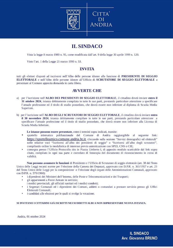 Albo Presidenti di seggio e Scrutatori: pubblicato avviso pubblico a firma del sindaco per le istanze di iscrizione