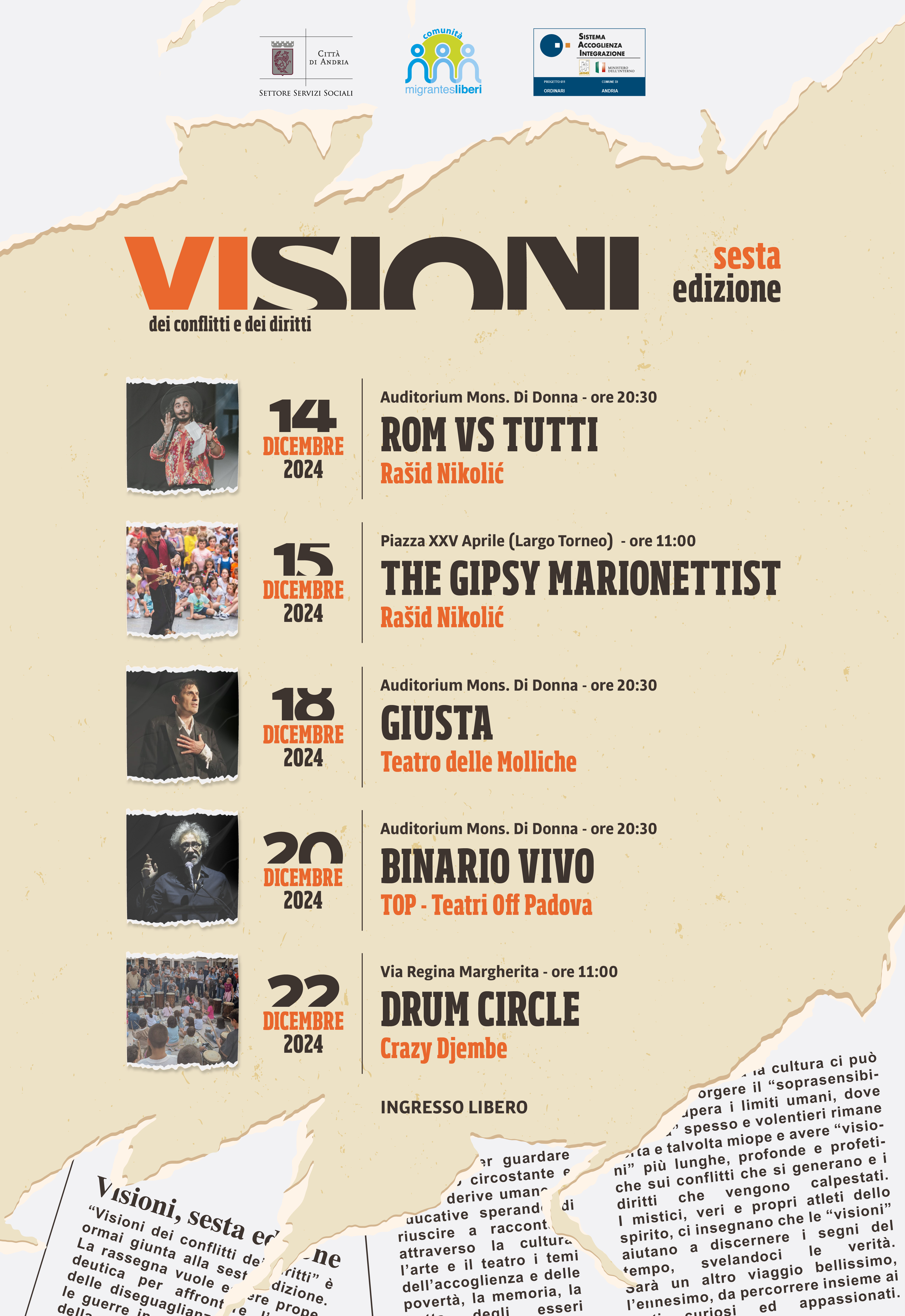 “Visioni  dei conflitti e dei diritti”, una mini rassegna teatrale da sabato 14 Dicembre a domenica 22 Dicembre 2024